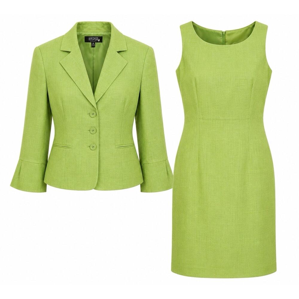 Vintage Kasper Lime Green Dress Suit Set Size 10 Linen Blend Jacket Career EUC
